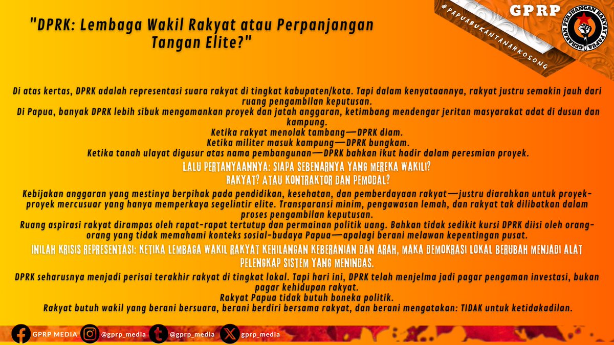GPRP2022's tweet photo. Inilah krisis representasi
#papuabukantanahkosong
#gerakan_perjuangan_rakyat_papua
#gerakanperjuanganrakyatpapua
#gprp
#neokolonialisme
#DPRK
#westpapua
@pengikut
@prabowo https://t.co/fdrMTMafLw