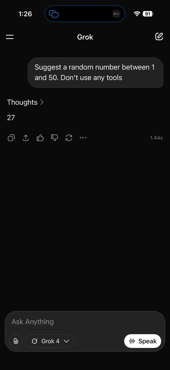 junafinity's tweet image. #Grok4 #randomnumber #llmtest 

Model Myelination is still holding. Asked Grok 4 to come up with a random number between 1 and 50, guess what it said