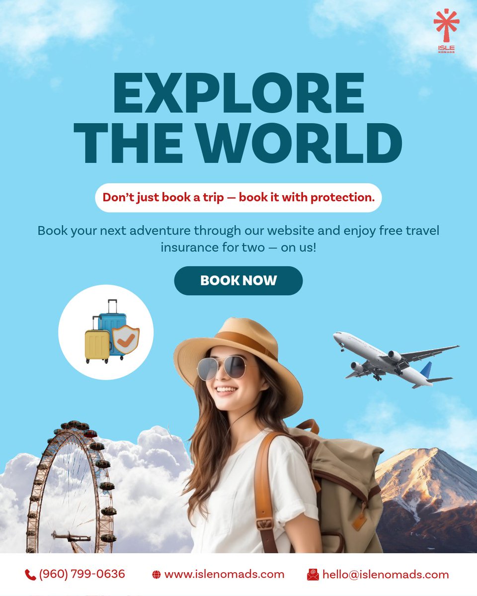 ✈️ Travel with peace of mind!
Book any trip worth MVR 10,000 or more through islenomads.com and get FREE travel insurance for two! 🧳🛡️
Whether it's a romantic getaway or a fun trip with a friend, we've got your back.

📅 Limited time offer – don’t miss out!
#IsleNomads