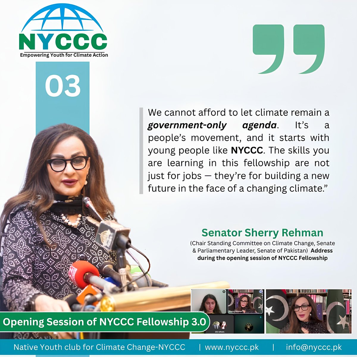NYCCC_PK's tweet photo. Key messages Senator Sherry Rehman @sherryrehman , Chair of the Senate Standing Committee on Climate Change and Parliamentary Leader of the Senate of Pakistan, graced the opening session of NYCCC Fellowship
#NYCCC #LCOYPakistan @UNICEF_Pakistan @PakistanADB @ClimateChangePK https://t.co/GSxsVlEsmv