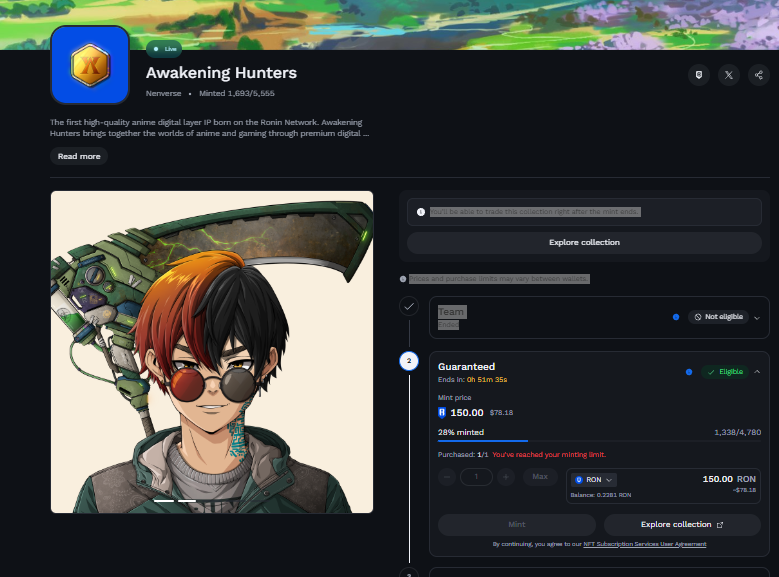 Still on my Web3 break, but I jumped in to mint <a href="/AwakenHunterNFT/">Awakening Hunters</a>  today, couldn’t miss it!

<a href="/daryl24_eth/">Daryl.ron ⛩️</a> Awesome day to go Live!