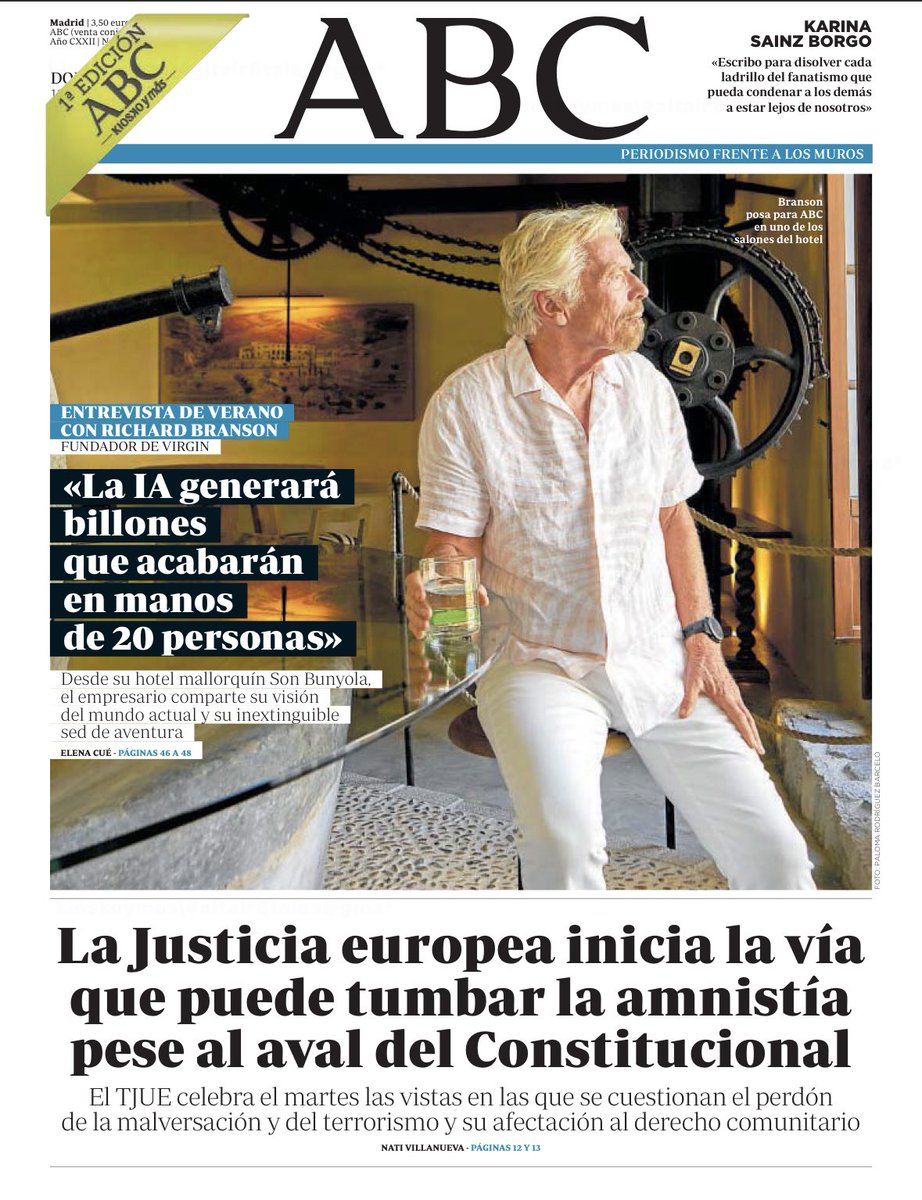 Hoy en el Periódico ABC, mi entrevista a Sir Richard Branson. 
<a href="/abc_es/">ABC.es</a> <a href="/richardbranson/">Richard Branson</a> 
abc.es/cultura/richar…