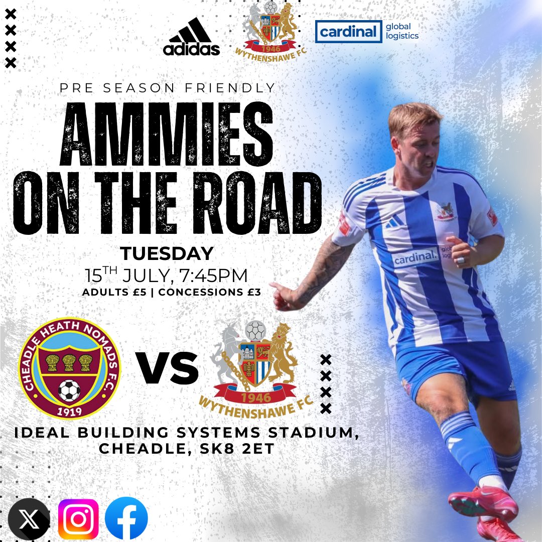 Wythenshawe Football Club (@wythenshawefc) on Twitter photo NEXT UP…
No time to rest as we visit <a href="/CheadleNomads/">Cheadle Heath Nomads</a> on Tuesday evening.
🗓️ Tuesday 15th July
⏰ 7:45PM
🎟️ Adults £5, Concessions £3
📍Ideal Building Systems Stadium, Cheadle, SK8 2ET
Join us as we look to make it 4/4 in our Pre Season campaign
#Wythenshawe #UpTheAmmies 🔵⚪️ NEXT UP…
No time to rest as we visit <a href="/CheadleNomads/">Cheadle Heath Nomads</a> on Tuesday evening.
🗓️ Tuesday 15th July
⏰ 7:45PM
🎟️ Adults £5, Concessions £3
📍Ideal Building Systems Stadium, Cheadle, SK8 2ET
Join us as we look to make it 4/4 in our Pre Season campaign
#Wythenshawe #UpTheAmmies 🔵⚪️