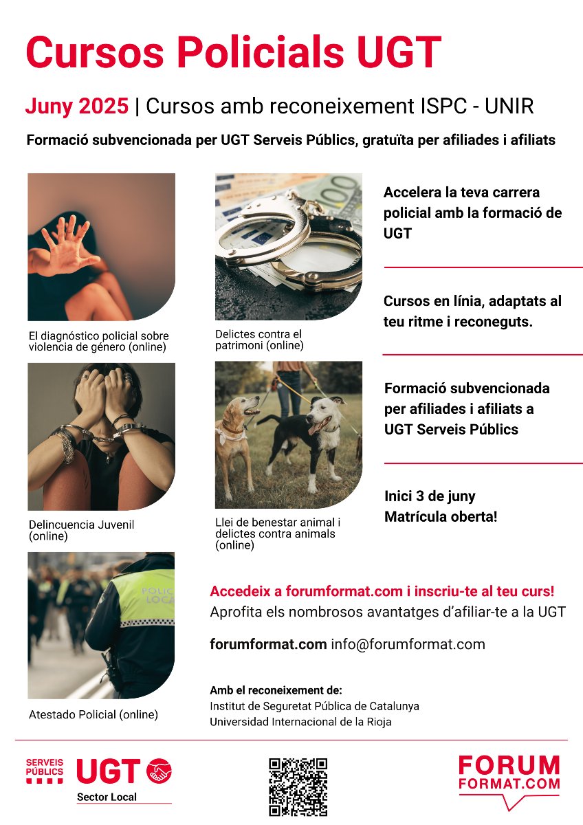 👮‍♀️ FORMACIÓ POLICIAL UGT 👮‍♂️

🚓 Formació en seguretat pública des de 𝗨𝗚𝗧 Serveis Públics de Catalunya!

Formació reconeguda per l'ISPC i/o UNIR

Consulta els cursos diponibles d'aquest 𝗝𝗨𝗡𝗬‼️

🔗 Inscripcions obertes: f.mtr.cool/pwcxyeoyom