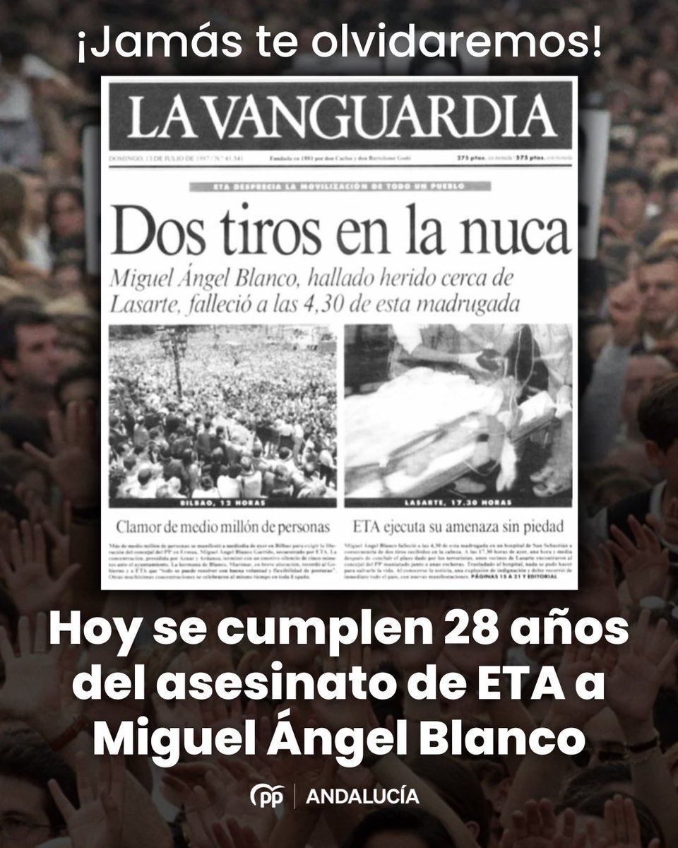 ⚫️ Tal día como hoy hace 28 años ETA asesinó a Miguel Ángel Blanco.

El pulso de España se paró, pero su recuerdo seguirá vivo siempre. 

¡Jamás te olvidaremos!