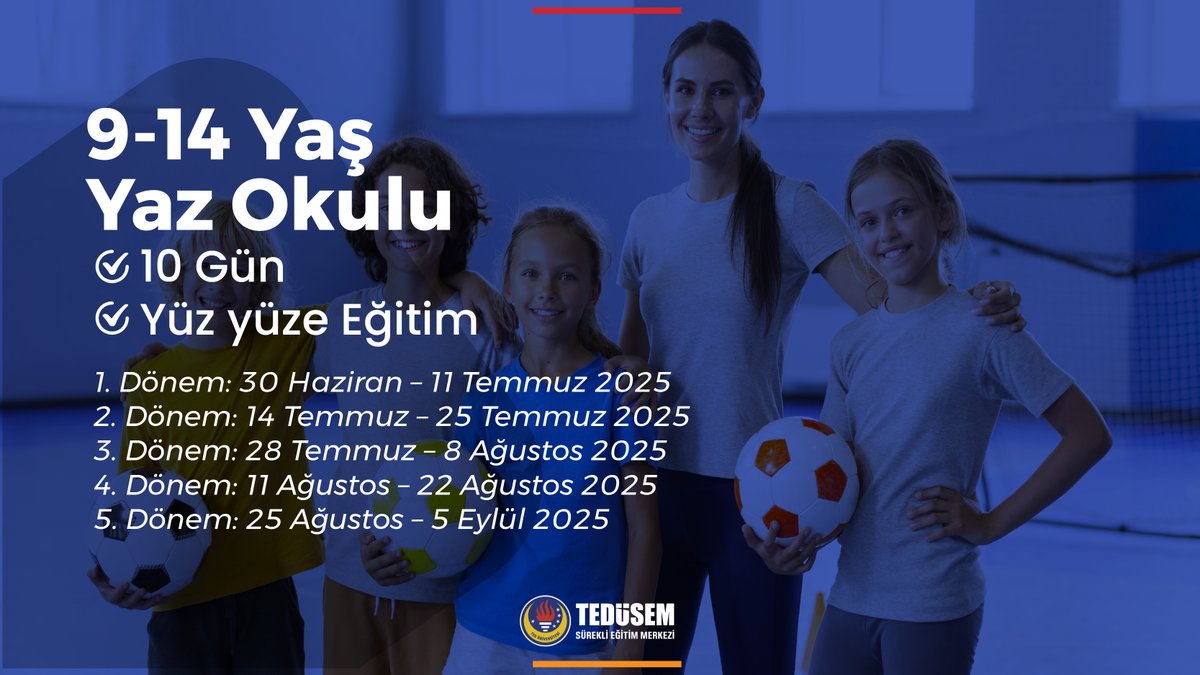 Yaz Spor Okulu kayıtlarımız devam ediyor. 9-14 yaş grubu çocuklarımız için özenle hazırladığımız dopdolu programlarımıza bekliyoruz.
Ayrıntılı bilgi için:
sem.tedu.edu.tr
0(312) 585 03 62