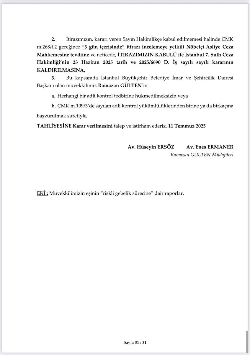 Hüseyin Ersöz (@ersozhuseyin) on Twitter photo İBB İmar ve Şehircilik Daire Başkanı Ramazan Gülten’in (<a href="/ramazangulten_/">Ramazan Gülten</a>) tutukluluğunun devamı kararına itiraz ettik.
İtiraz dilekçemizde, lehe değerlendirmeler içeren Danıştay 1. Dairesi Kararı ile Sayıştay Raporları yanında eşinin kritik bir hamilelik sürecinden geçtiğinde İBB İmar ve Şehircilik Daire Başkanı Ramazan Gülten’in (<a href="/ramazangulten_/">Ramazan Gülten</a>) tutukluluğunun devamı kararına itiraz ettik.
İtiraz dilekçemizde, lehe değerlendirmeler içeren Danıştay 1. Dairesi Kararı ile Sayıştay Raporları yanında eşinin kritik bir hamilelik sürecinden geçtiğinde