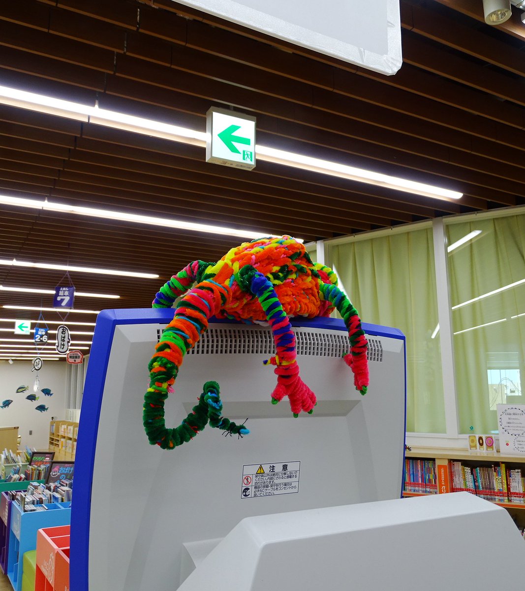 ehonlibrary's tweet image. 【館内装飾のご紹介】
えほん図書館の中には司書さんがカラーモールで作った生き物たちがいるよ。こんなところにいることも…。これはカメレオンかな?みんなもさがしてみてね。
#絵本 #図書館 #えほん図書館 #カラーモール #カメレオン