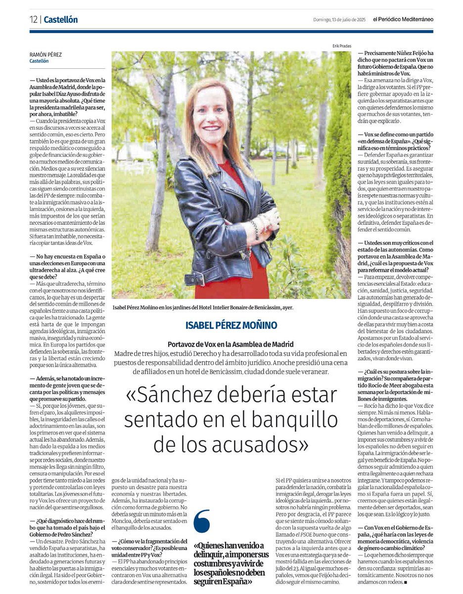 VOX Castellón (@castellonvox) on Twitter photo 🟢💬 “Sánchez debería estar en el banquillo de los acusados”
<a href="/Isabelperezmoi1/">Isabel Pérez Moñino</a>, portavoz de VOX en la Asamblea de Madrid, lanza un duro mensaje contra el psicópata Sánchez en esta entrevista para <a href="/epmediterraneo/">El Periódico Mediterráneo</a> tras su visita a Castellón.
📌 Acusa a <a href="/sanchezcastejon/">Pedro Sánchez</a> de 🟢💬 “Sánchez debería estar en el banquillo de los acusados”
<a href="/Isabelperezmoi1/">Isabel Pérez Moñino</a>, portavoz de VOX en la Asamblea de Madrid, lanza un duro mensaje contra el psicópata Sánchez en esta entrevista para <a href="/epmediterraneo/">El Periódico Mediterráneo</a> tras su visita a Castellón.
📌 Acusa a <a href="/sanchezcastejon/">Pedro Sánchez</a> de