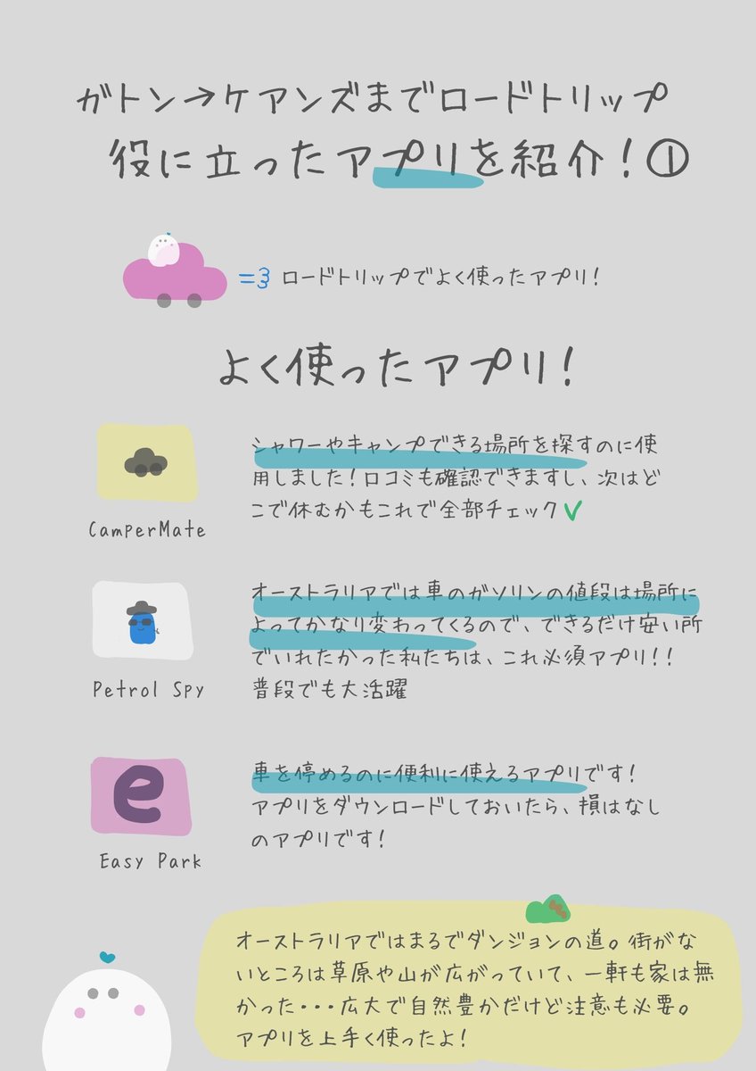 pamo_06's tweet photo. ガトンからケアンズまでロードトリップをして役に立ったアプリや行って良かった場所をまとめてみました😌ロードトリップでしか感じれない楽しさや色んな街をみてまわれて楽しかったのと根性がついた気がします😳笑 https://t.co/dQ4iOaPSwC