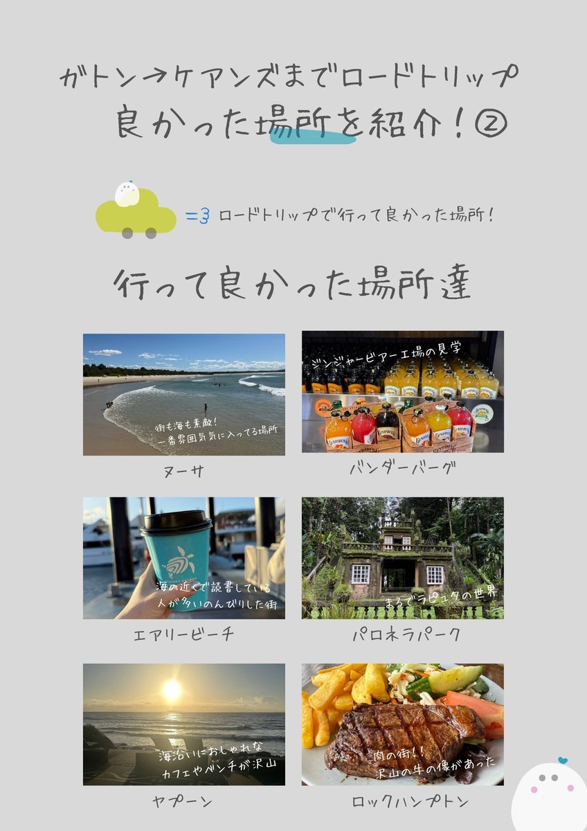 pamo_06's tweet photo. ガトンからケアンズまでロードトリップをして役に立ったアプリや行って良かった場所をまとめてみました😌ロードトリップでしか感じれない楽しさや色んな街をみてまわれて楽しかったのと根性がついた気がします😳笑 https://t.co/dQ4iOaPSwC