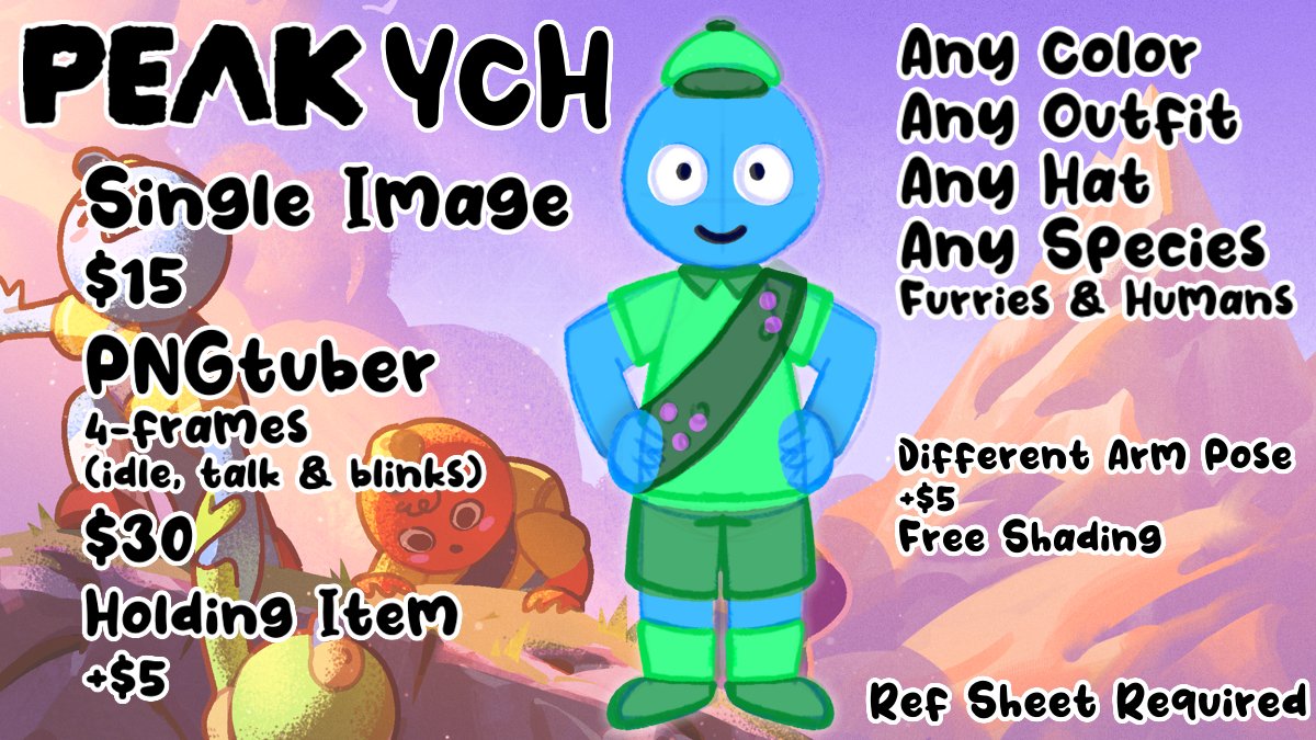 (#vgen link in replies)
Anyone interested in PEAK ychs?
comes in PNGtubers too