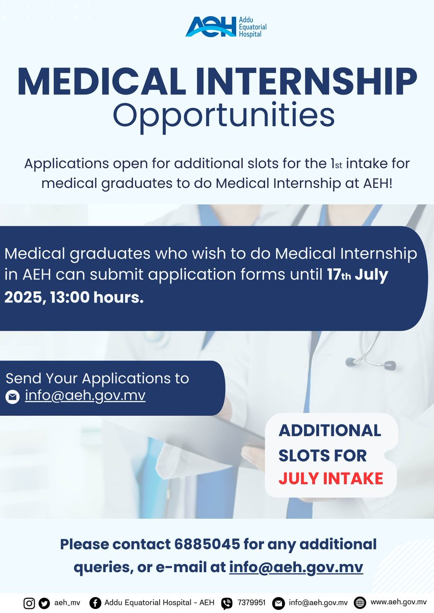 Addu Equatorial Hospital (@aeh_mv) on Twitter photo Medical Internship Opportunities at AEH.
gazette.gov.mv/iulaan/350586
Follow Our Journey!
<a href="/presidencymv/">The President's Office</a> <a href="/MoHmv/">Ministry of Health</a> Medical Internship Opportunities at AEH.
gazette.gov.mv/iulaan/350586
Follow Our Journey!
<a href="/presidencymv/">The President's Office</a> <a href="/MoHmv/">Ministry of Health</a>
