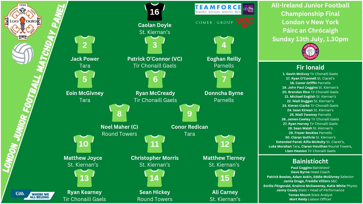 🚨 TEAM ANNOUNCEMENT 🚨

The London team to face New York in the All-Ireland Junior Football Championship Final.