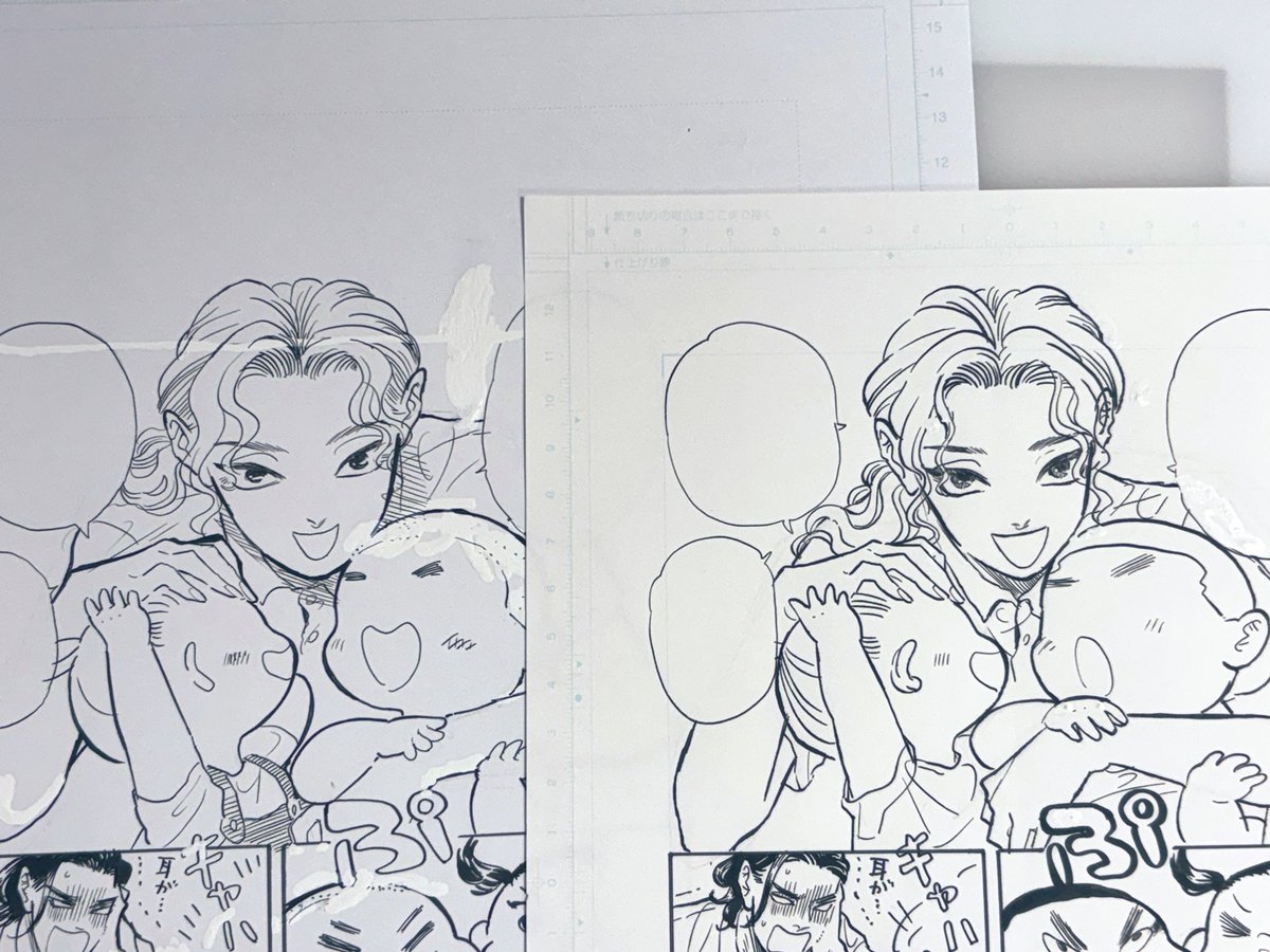 natsukosama's tweet image. ペン画、描き直してる!
(左ビフォー、右アフター)
作画のやり方を変えつつ、ペン入れ自体半年以上ぶりなので手が慣れるまで時間がかかりますな🥸