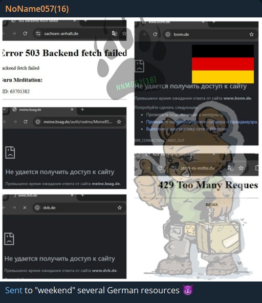 🚨 DDoS Alert 🚨

NoName claims to have targeted multiple websites in Germany:

- State of Saxony-Anhalt
- Dresdner Verkehrsbetriebe AG
- Start Niedersachsen Mitte
- Bremer Straßenbahn AG (BSAG)
- Federal city of Bonn