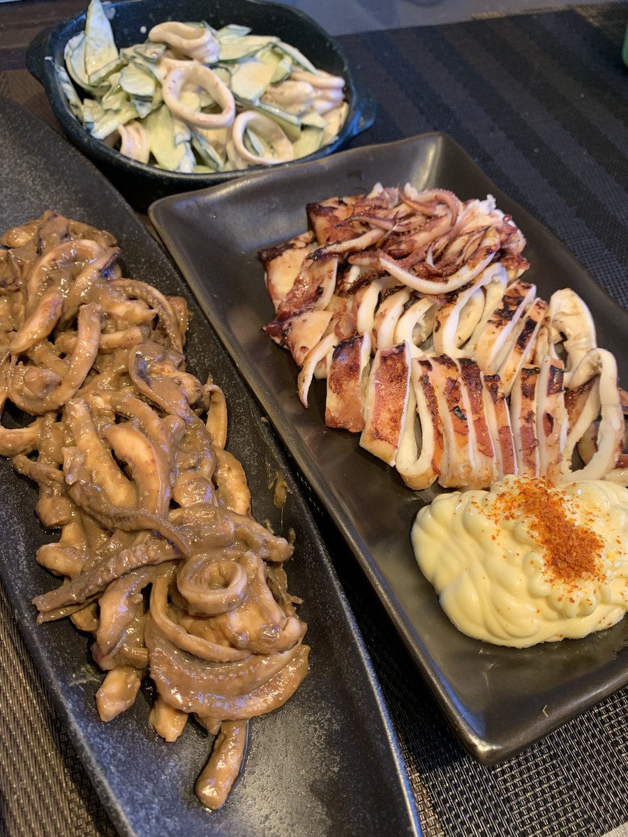 妻作、大船渡産の真イカで作った、ゲソとフの味噌焼き、ポッポ焼き、イカサラダの出来上がり🤣