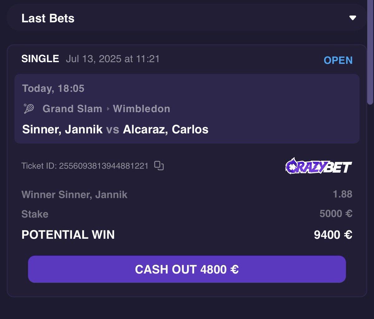 LA MAISON SUR SINNER ON A DIT !!

300€ dans les RT si ce bet sur la Finale Wimbledon passe 🍀🍀

Si jamais vous voulez bet aussi c’est ici : crazybet.com/?r=kawaboumga

Ps : Oubliez pas que les paris sont dangereux 🚨