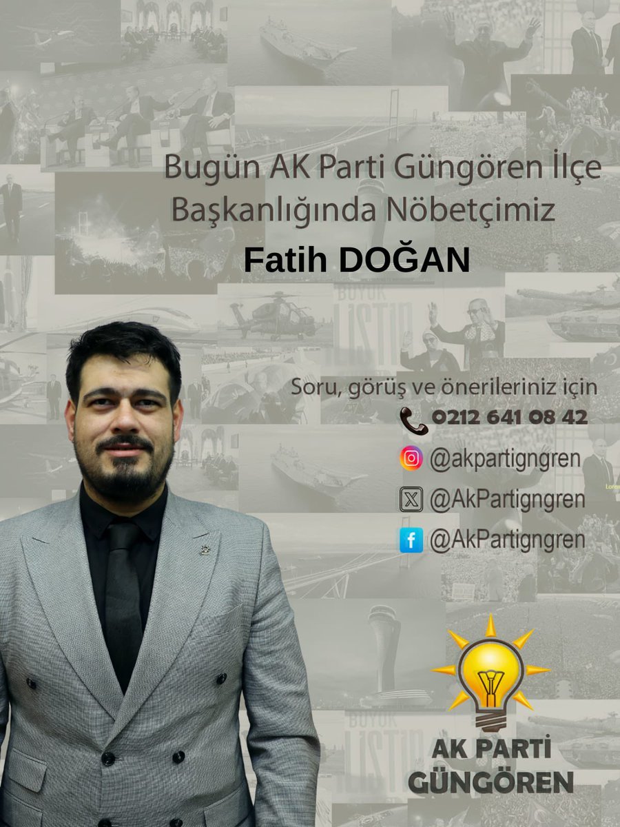 AK Parti Güngören (@akpartigngren) on Twitter photo Güngören İçin;
Bugün AK Parti İlçe Başkanlığımızda Nöbetçimiz
İlçe Yönetim Kurulu Üyemiz
Fatih DOĞAN
Soru, görüş ve önerileriniz için:
📞(0212) 641 08 42
<a href="/abdullahozdemir/">Abdullah Özdemir</a>
<a href="/dvrnyalcinkaya/">Devran YALÇINKAYA 🇹🇷</a> Güngören İçin;
Bugün AK Parti İlçe Başkanlığımızda Nöbetçimiz
İlçe Yönetim Kurulu Üyemiz
Fatih DOĞAN
Soru, görüş ve önerileriniz için:
📞(0212) 641 08 42
<a href="/abdullahozdemir/">Abdullah Özdemir</a>
<a href="/dvrnyalcinkaya/">Devran YALÇINKAYA 🇹🇷</a>