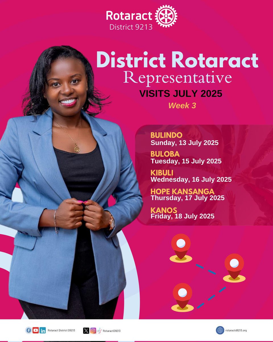 Rotaract District 9213 (@rotaractd9213) on Twitter photo π¨ Week 3 of the DRR Official Visits is here!
Our DRR <a href="/AbesageN/">Nahabwe Abesage</a> continues the districtwide tour with unstoppable energy and purpose! π«
πCatch her at:
β’ Bulindo β Sun 13
β’ Buloba β Tues 15
β’ Kibuli β Wed 16
β’ Hope Kansanga β Thurs 17
β’ Kanos β Fri 18
#Unite4Good9213 π¨ Week 3 of the DRR Official Visits is here!
Our DRR <a href="/AbesageN/">Nahabwe Abesage</a> continues the districtwide tour with unstoppable energy and purpose! π«
πCatch her at:
β’ Bulindo β Sun 13
β’ Buloba β Tues 15
β’ Kibuli β Wed 16
β’ Hope Kansanga β Thurs 17
β’ Kanos β Fri 18
#Unite4Good9213