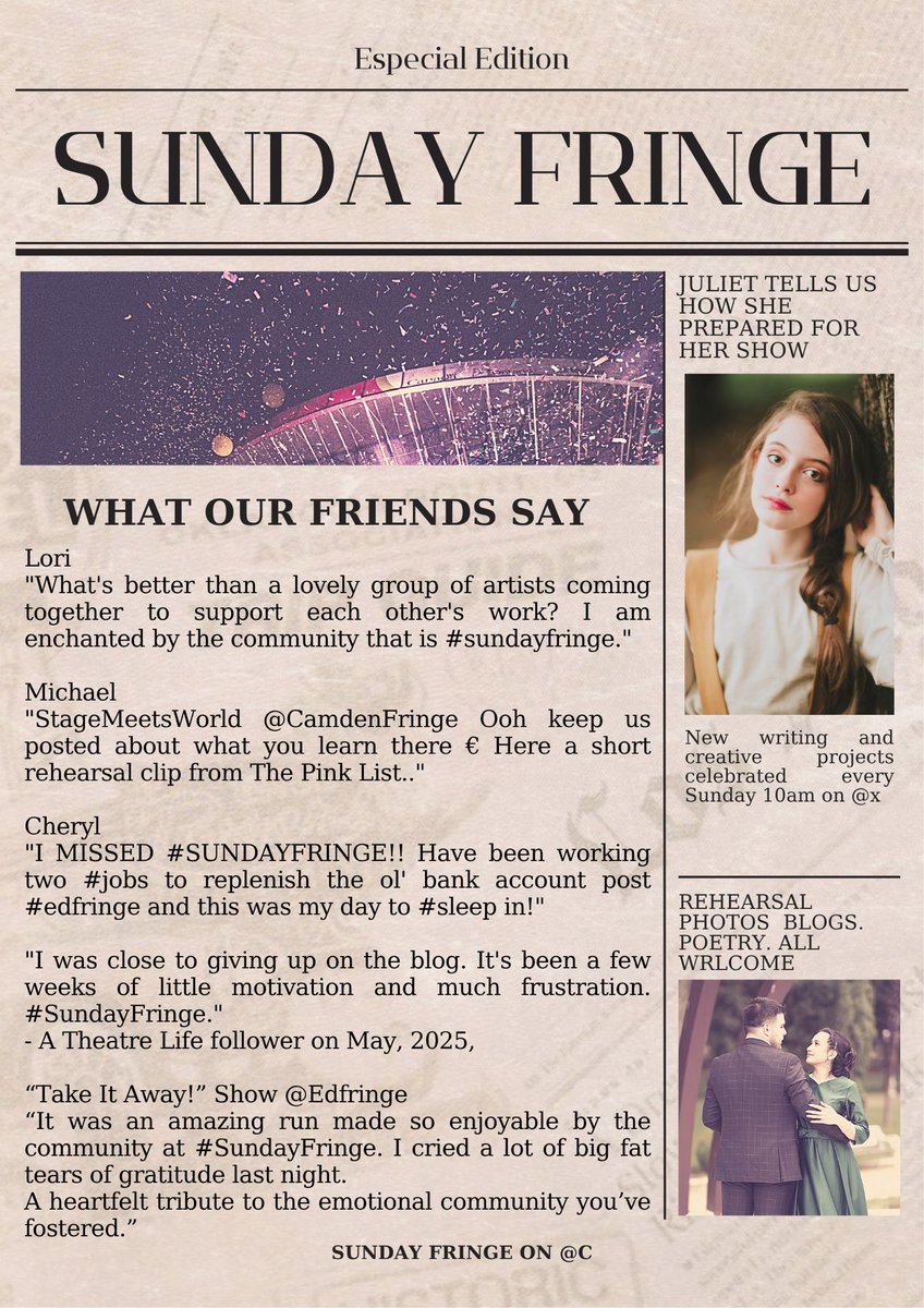 Theatre Life #SundayFringe (@stagemeetsworld) on Twitter photo Sunday Fringe began on 29th May 2022 as a way to bring productions together after a period of isolation
As <a href="/edfringe/">Edinburgh Festival Fringe</a> starts again hear is what our friends have said about us π€π©·
Use the tag #SundayFringe to promote any #Film #Theatre #Art #Craft and get a RT Sunday Fringe began on 29th May 2022 as a way to bring productions together after a period of isolation
As <a href="/edfringe/">Edinburgh Festival Fringe</a> starts again hear is what our friends have said about us π€π©·
Use the tag #SundayFringe to promote any #Film #Theatre #Art #Craft and get a RT
