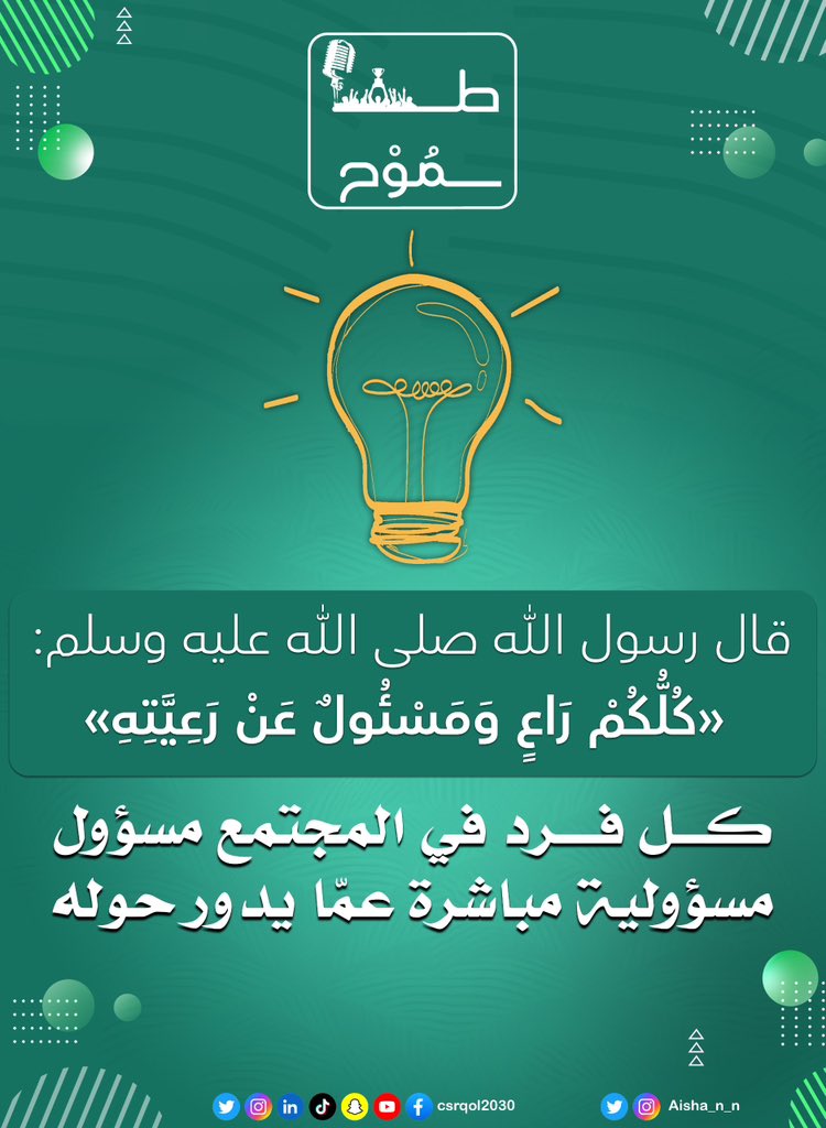 قال رسول الله صلى الله عليه وسلم:
«كُلُّكُمْ رَاعٍ وَمَسْئُولٌ عَنْ رَعِيَّتِهِ»

كل فرد في المجتمع مسؤول مسؤولية مباشرة عما يدور حوله

#قيم_إسلامية #العمل_الخيري #حديث_شريف #القرآن_الكريم #سلسلة_طموح #جودة_الحياة #csr #تنمية_المجتمع #الخدمة_المجتمعية #رؤية_السعودية_2030