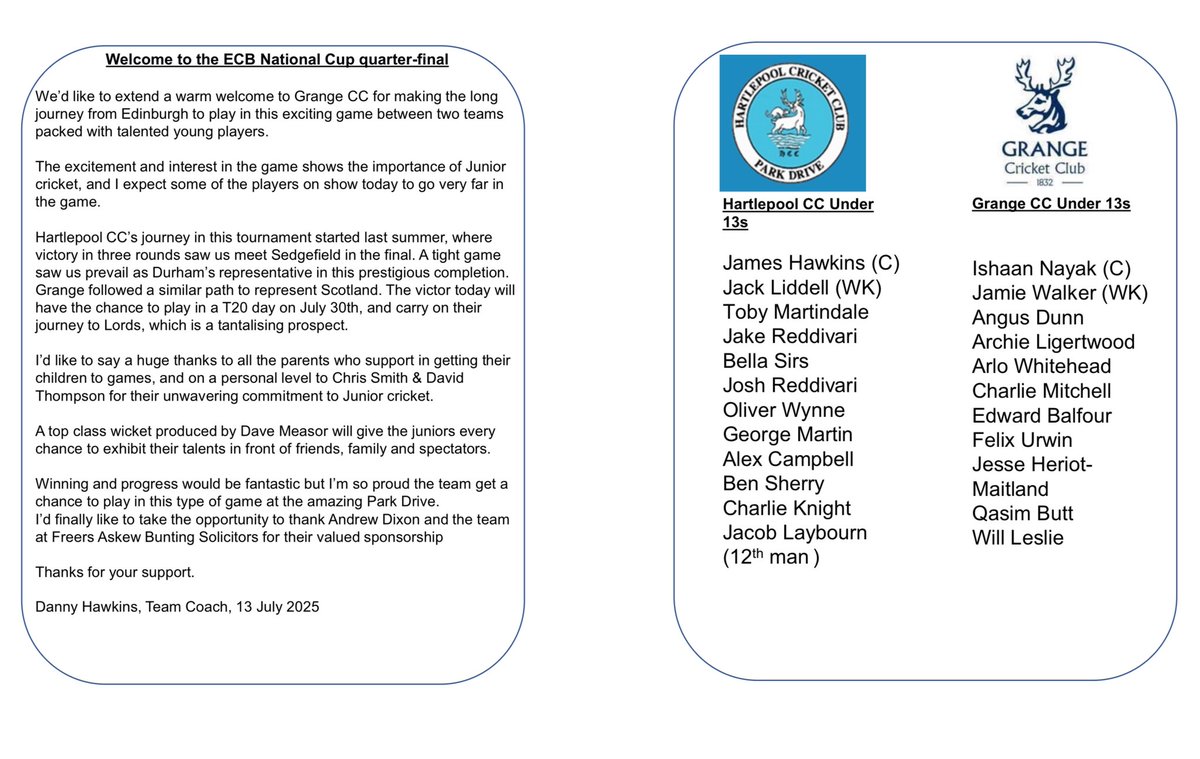 Hartlepool Junior Cricket Club (@hpjuniorcc) on Twitter photo Reminder about todayโs T20 match : ECB National Cup : Under 13s -v- <a href="/GrangeCC/">Grange Cricket Club</a> : stumps pitched at 2pm. It should be an exciting game. Good look to both teams for their match at Park Drive. Weather set to be good! ๐๐ Reminder about todayโs T20 match : ECB National Cup : Under 13s -v- <a href="/GrangeCC/">Grange Cricket Club</a> : stumps pitched at 2pm. It should be an exciting game. Good look to both teams for their match at Park Drive. Weather set to be good! ๐๐