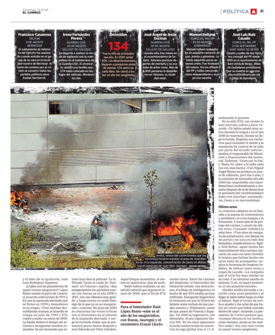 Tras la tregua trampa de 1998, los intentos de negociación, los gestos a cambio de una renuncia definitiva de la violencia en 2000 volvió la ETA más letal. 23 asesinatos en verano pero todo empezó en enero con el del TC Blanco (Hilo)