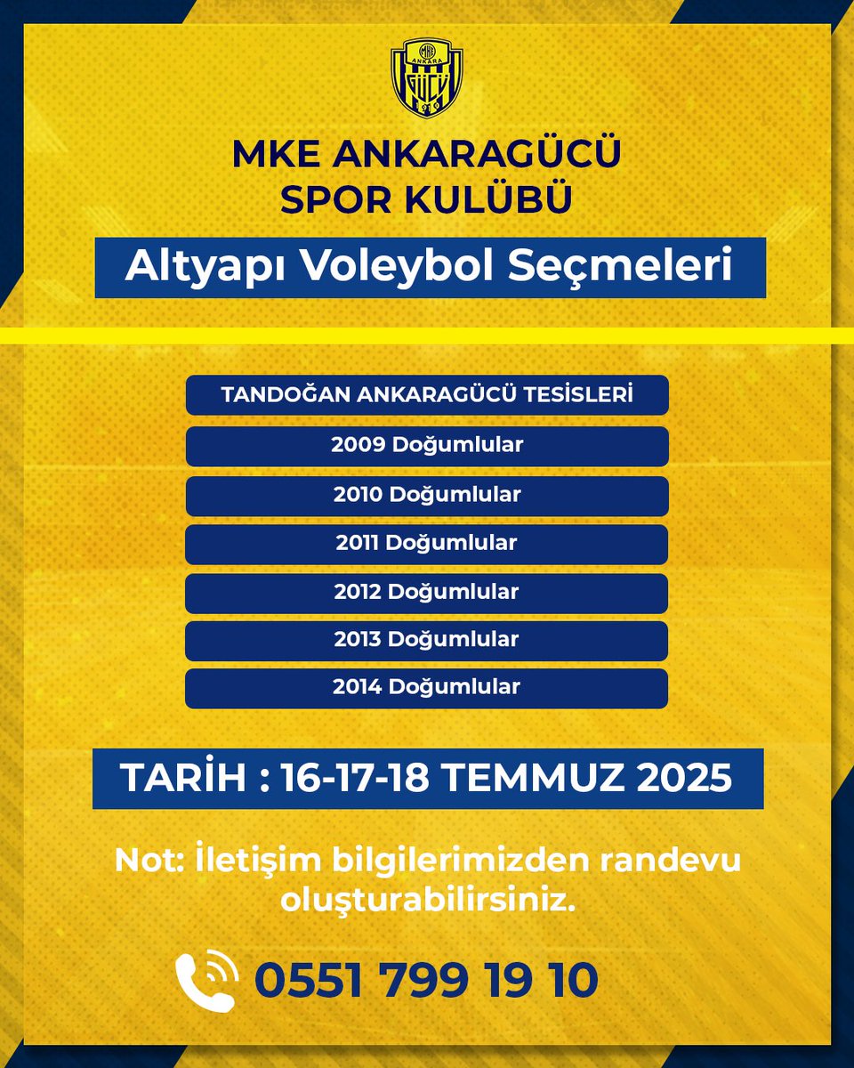 Ankaragücü Voleybol Seçmeleri Başladı!

Seçme Tarihleri:
2009 - 2010 tarihliler 16 Temmuz 2025
2011 - 2012 tarihliler 17 Temmuz 2025
2013 - 2014 tarihliler 18 Temmuz 2025

📍 MKE Ankaragücü Tandoğan Tesisleri
☎️ 0551 799 19 10