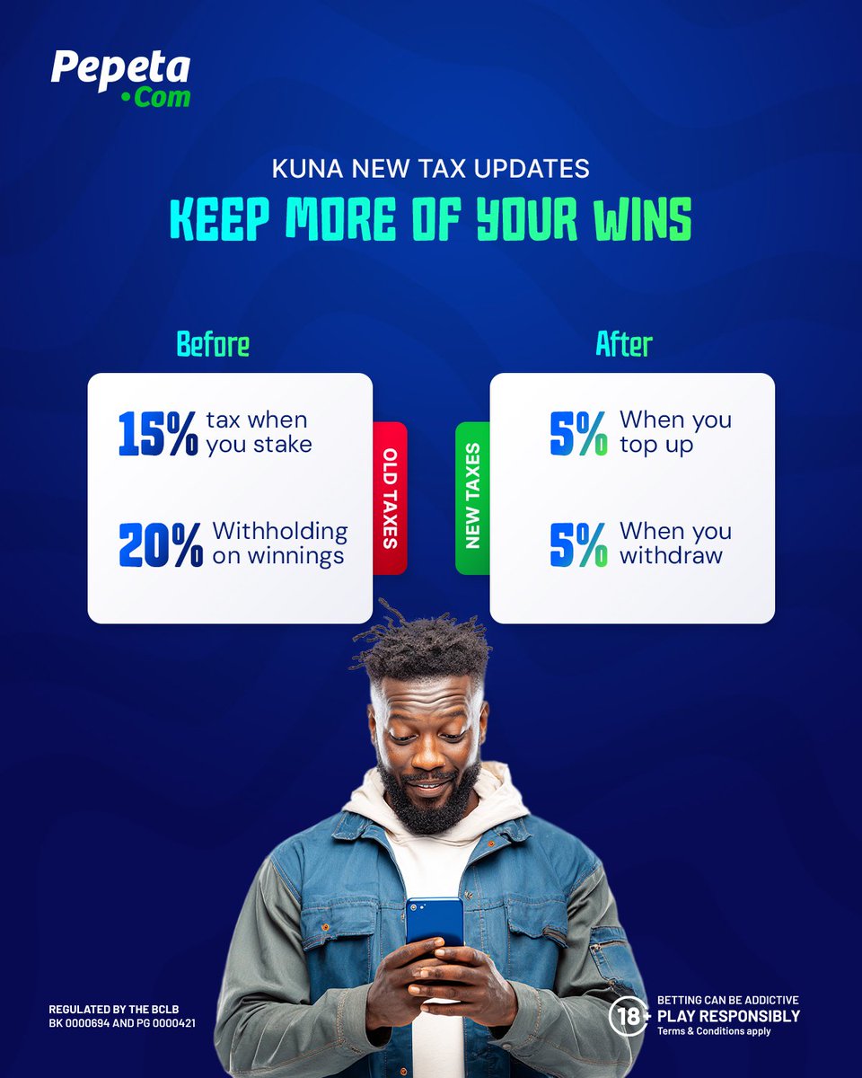 🤑 GOOD NEWS WAKUU! 
Kuna NEW tax updates na hii ni win kubwa kwenu💥

❌ No more 15% stake tax
❌ No more 20% withholding on winnings
✅ Ni 5% tu when you top up &amp; withdraw!

Sasa unaweza KEEP MORE of your WINS!💰🔥
Time ya kukafunga ni sahii, WIN BIG!! 🎯📲 
#HakunaKungoja