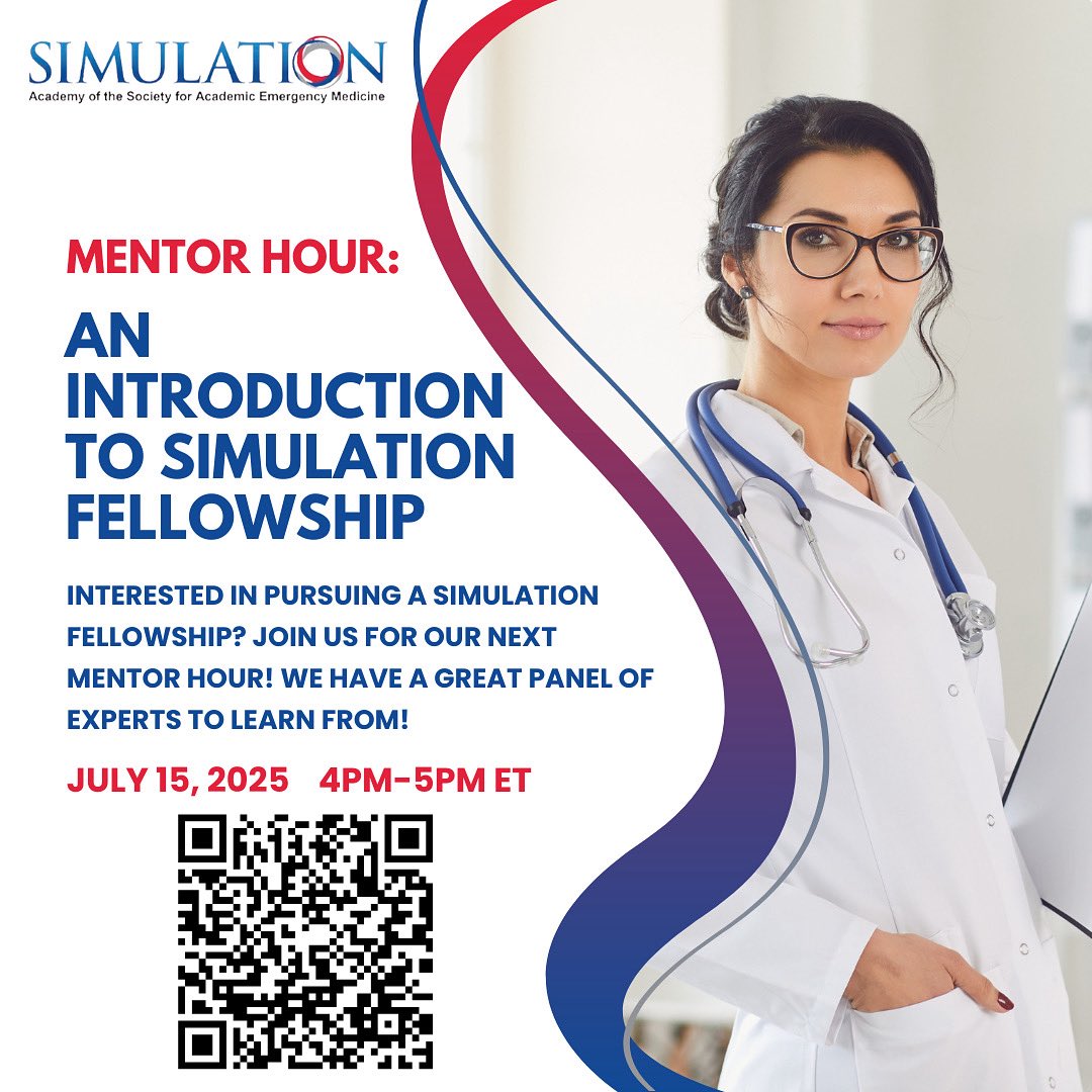SAEMSimAcademy's tweet image. Interested in pursuing a Simulation Fellowship? Join us for our next mentor hour! We have a panel of experts to learn more about this opportunity. Scan the QR code to register for this Zoom session! #simacademy #simulation #saem