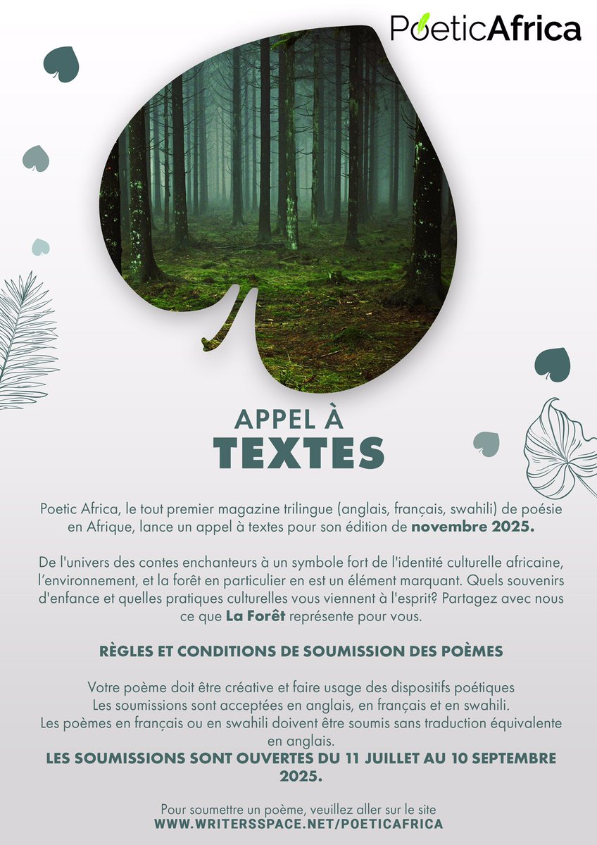 The Forest whispers secrets, blooms poems &amp; echoes mystery. 
PoeticAfrica seeks African poets' reflections on The Forest for Nov 2025 edition. Africans what does the FOREST means to you? Share your stories! 🌳🖋️ #PoeticAfrica #TheForest