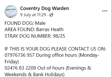 Pawprints Dog Rescue (UK) (@pdrescue) on Twitter photo #FOUND #COVENTRY
facebook.com/photo?fbid=138…
<a href="/coventrycc/">Coventry City Council</a> <a href="/MissingPetsGB/">Missing Pets GB</a> <a href="/LisaClareRead2/">Lisa Clare Read 💙</a> <a href="/rosiedoc666/">Rosie Doc</a> #FOUND #COVENTRY
facebook.com/photo?fbid=138…
<a href="/coventrycc/">Coventry City Council</a> <a href="/MissingPetsGB/">Missing Pets GB</a> <a href="/LisaClareRead2/">Lisa Clare Read 💙</a> <a href="/rosiedoc666/">Rosie Doc</a>