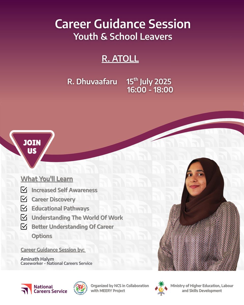 ncsgovmv's tweet photo. Career Guidance Sessions – R. Dhuvaafaru & R. Ungoofaaru
Focused on self-awareness, career exploration, education pathways, and work readiness.
#ncsgovmv #careerguidance #jobseekers #NavigatingCareers #EmpoweringGrowth #meeryproject https://t.co/YrFIFwQhkA