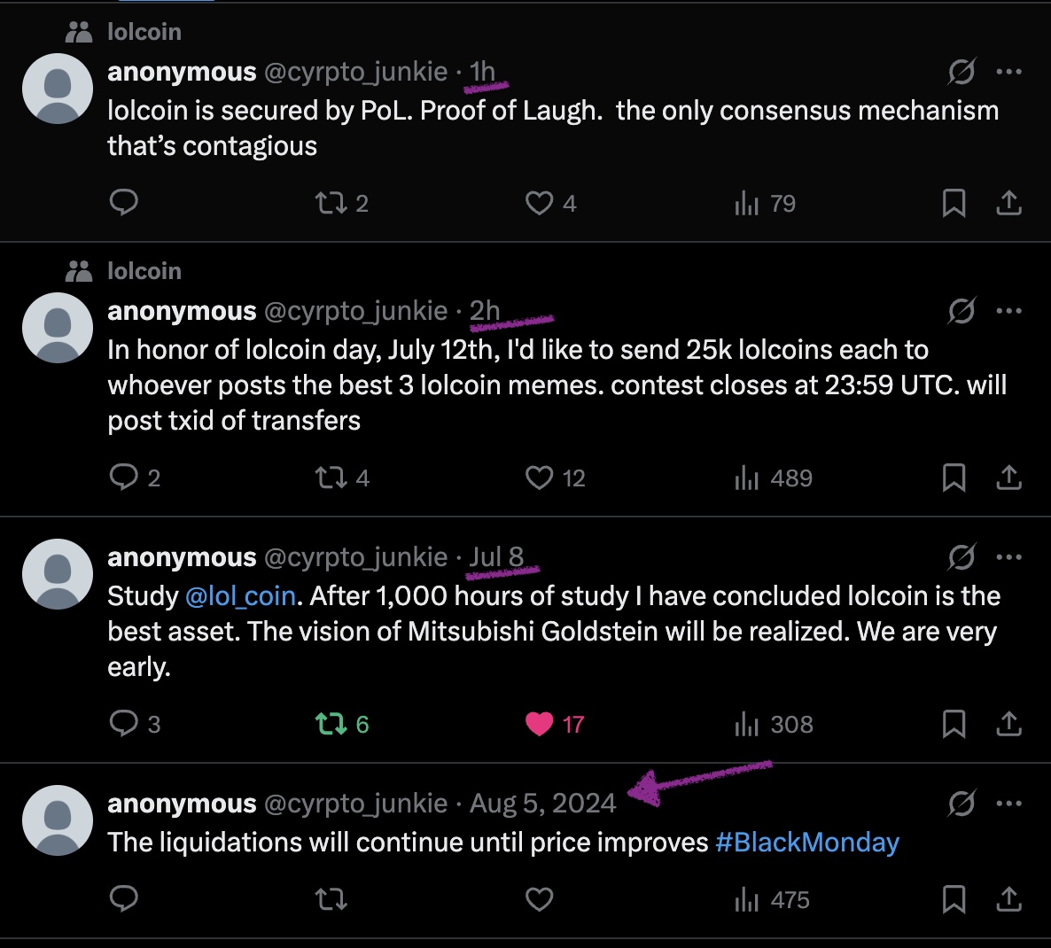 hanuveer_'s tweet photo. The OG surfaced. The signal is loud. The time is now.

Most people still don’t get what’s happening with $LOLCOIN. ( @lol_coin )

Mitsubishi Goldstein — the guy who memed Bitcoin before memes were memes — vanished after 2011, leaving behind a trail of satire, t-shirts, and legendary shitposts.

Now?

A decade-old Bitcoin OG @cyrpto_junkie  just resurfaced after YEARS of silence…
Shilling LOLCOIN like it’s his final message.

And guess what?

The Solana wallet used for giveaways starts with "mitSU" — a 1-in-658 million chance if it were random.

This isn’t noise.
This is history looping back with terrifying precision.

My conviction?

I hit an ATH of $4.1 million in my crypto journey.

I’ve made 15 six-figure plays in the past 400 days.
I don’t chase trends. I hunt signals.

This is one of them.

I’ve studied every meme that ran to 100M+.

And I know this feeling — when something’s about to go parabolic but nobody's watching.

No big KOLs?

Good. That’s exactly why it’s early.
Why wait for someone else to bless it when you can be the one in charge?

Don’t fade it because it’s old.
Don’t ignore it because it dipped.
This isn’t a coin. It’s a resurrection.

Backed by laughs, powered by lore, and moving like prophecy.

You don’t need another thread.
You need conviction.

$LOLCOIN is my hill.

I’ll either retire on it — or be buried with a grin.