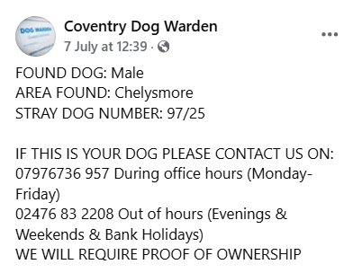Pawprints Dog Rescue (UK) (@pdrescue) on Twitter photo #FOUND #COVENTRY
facebook.com/photo?fbid=138…
<a href="/coventrycc/">Coventry City Council</a> <a href="/LisaClareRead2/">Lisa Clare Read 💙</a> <a href="/MissingPetsGB/">Missing Pets GB</a> <a href="/rosiedoc666/">Rosie Doc</a> #FOUND #COVENTRY
facebook.com/photo?fbid=138…
<a href="/coventrycc/">Coventry City Council</a> <a href="/LisaClareRead2/">Lisa Clare Read 💙</a> <a href="/MissingPetsGB/">Missing Pets GB</a> <a href="/rosiedoc666/">Rosie Doc</a>