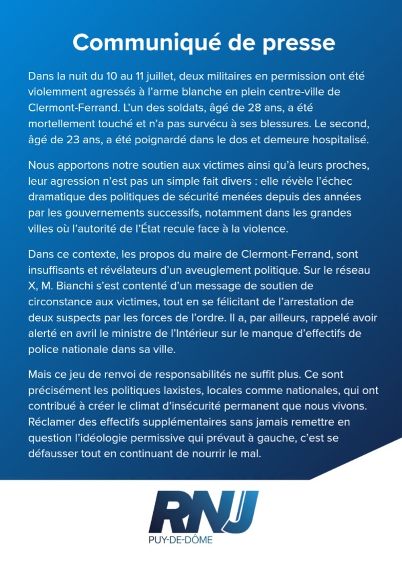 Communiqué de presse concernant l’agression de deux militaires à Clermont-Ferrand, survenue alors qu’ils tentaient de défendre des jeunes femmes importunées à la sortie d’une discothèque. Que leur courage nous inspire. 🕊️