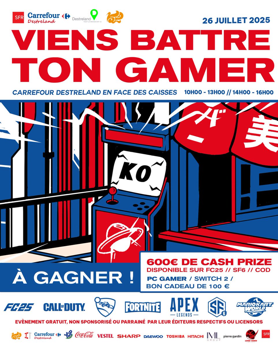 🎮 VIENS BATTRE TON GAMER revient en 2025 !
📍26 juillet - Carrefour Destreland
🕙 10h- 16h
🔥 600€ cash prize + PC Gamer, Switch 2 à gagner
🎮 FC25 / SF6 / COD
Événement gratuit by @K2EsportsGP

Alors, es-tu prêt à prouver que tu as le niveau ?

#Guadeloupe #ViensBattreTonGamer