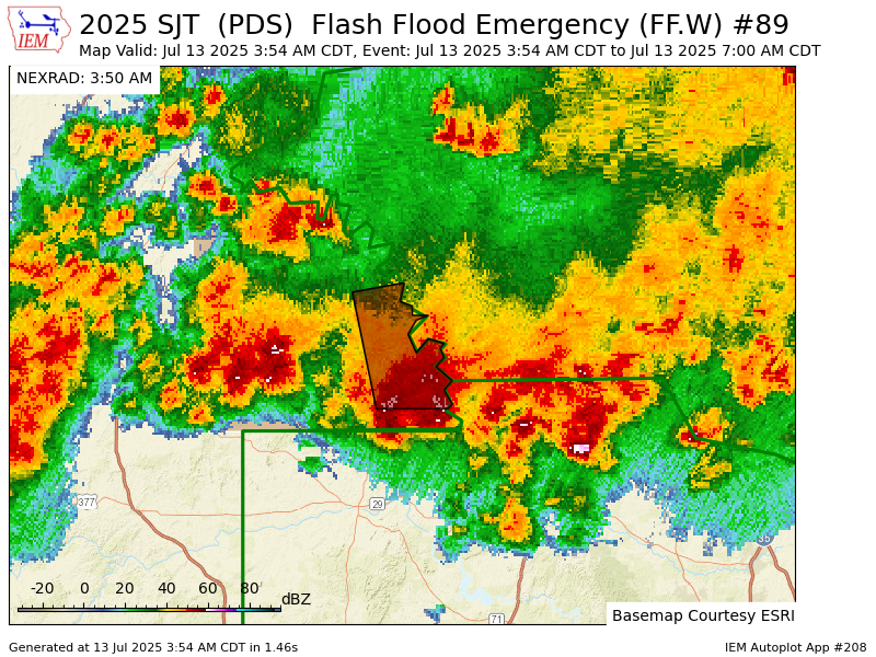 Iembot_emerg's tweet image. SJT issues Flash Flood Emergency [flash flood: radar indicated, flash flood damage threat: catastrophic] for San Saba [TX] till Jul 13, 7:00 AM CDT mesonet.agron.iastate.edu/vtec/f/2025-O-…