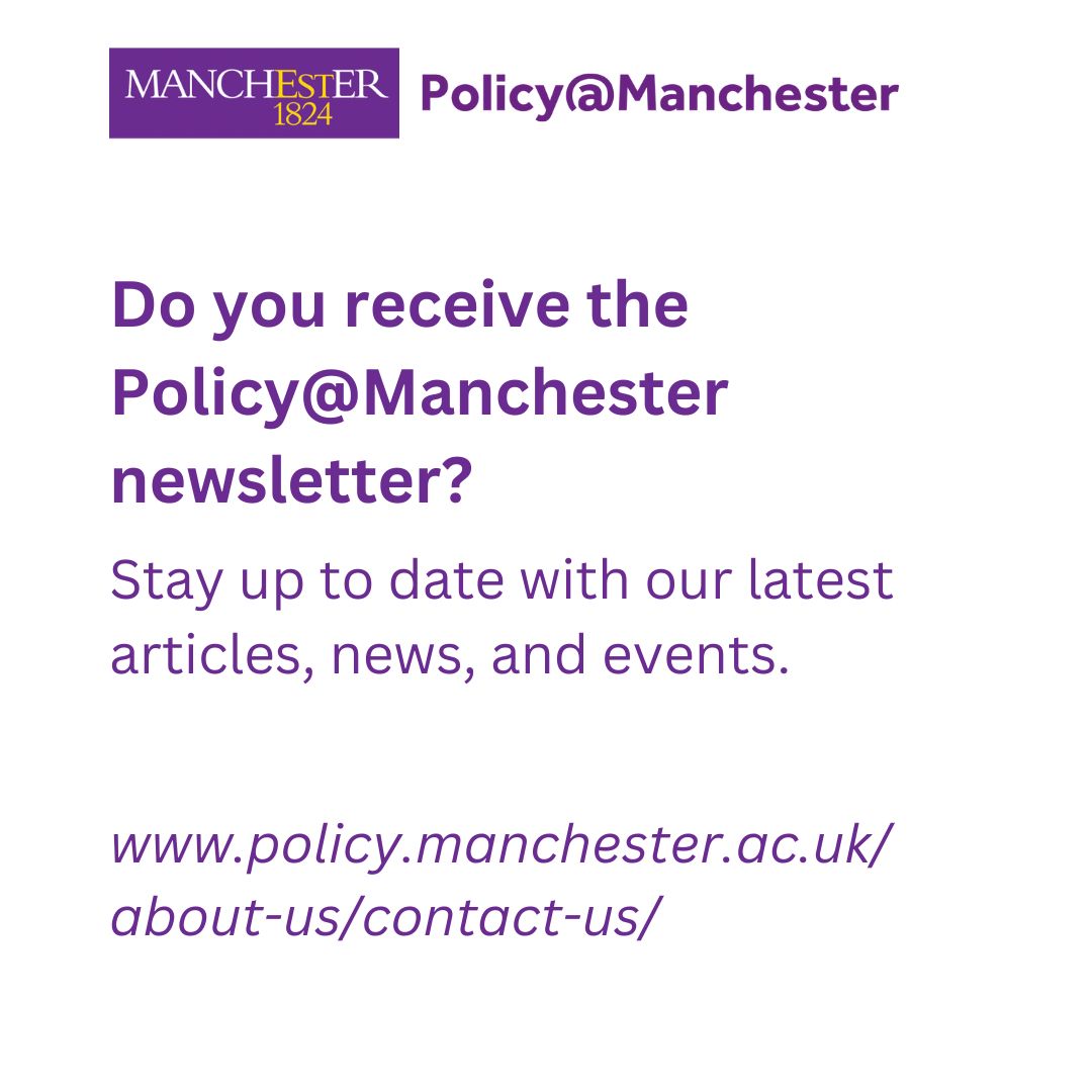 UoMPolicy's tweet image. 🤔 Do you receive our weekly newsletter?
📩 Join our mailing list to get our latest policy articles, news, and events - straight to your inbox.
👉 Sign up now, at: policy.manchester.ac.uk/about-us/conta…