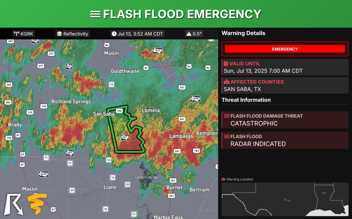 Texas Flash Flood Warning: FLASH FLOOD EMERGENCY for Colorado Bend State Park &amp; Southeastern San Saba County. Catastrophic, life-threatening flash flooding is ongoing from 6-8 inches of rain. THIS IS A PARTICULARLY DANGEROUS SITUATION. SEEK HIGHER GROUND NOW!