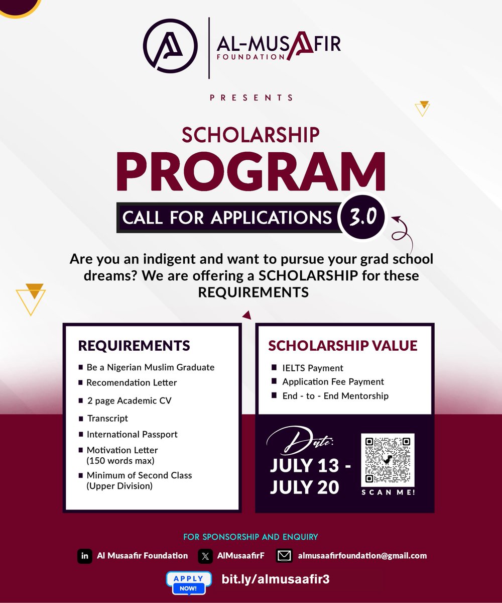 AlMusaafirF's tweet photo. 🚨 Applications for the Al Musaafir Scholarship 3.0 are now LIVE!

We’re supporting Muslim students preparing for international grad school with mentorship, IELTS &amp; app fee support.

🗓️ Deadline: July 30th
🔗 Apply now: https://t.co/Y1n2qLWnFB

#AlMusaafirScholarship https://t.co/Meinhbuaz0