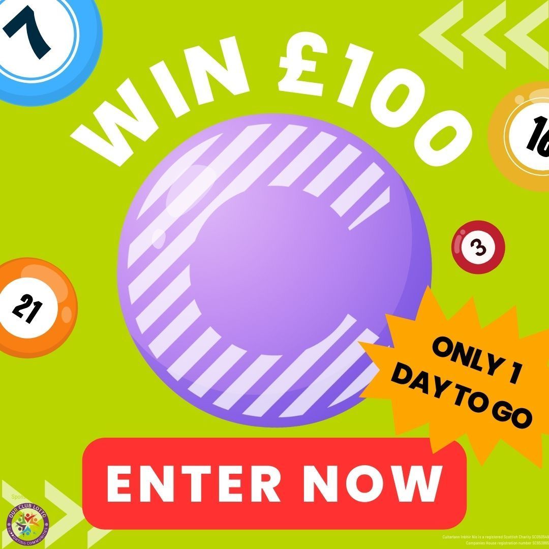 The Cultarlann Lotto draw takes place TOMORROW at 7pm!

👉 Enter now for a chance to win draw.ourclublotto.co.uk/cultarlann/

Tha Lotto Chultarlann a toirt àite A-MÀIREACH aig 7f!

👉 Cuir a-steach an dràsta airson cothrom buannachadh draw.ourclublotto.co.uk/cultarlann/