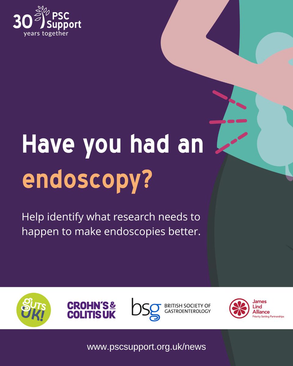 PSC Support (@pscsupportuk) on Twitter photo People with #PSC may experience a number of different types of endoscopy, the general name for a test that looks inside your body such as a colonoscopy, gastroscopy or ERCP. Help shape future research ➡️ buff.ly/YozNC2E
<a href="/GutsCharityUK/">Guts UK Charity</a> <a href="/BritSocGastro/">BSG</a> <a href="/CrohnsColitisUK/">Crohn's & Colitis UK</a> #IBD People with #PSC may experience a number of different types of endoscopy, the general name for a test that looks inside your body such as a colonoscopy, gastroscopy or ERCP. Help shape future research ➡️ buff.ly/YozNC2E
<a href="/GutsCharityUK/">Guts UK Charity</a> <a href="/BritSocGastro/">BSG</a> <a href="/CrohnsColitisUK/">Crohn's & Colitis UK</a> #IBD