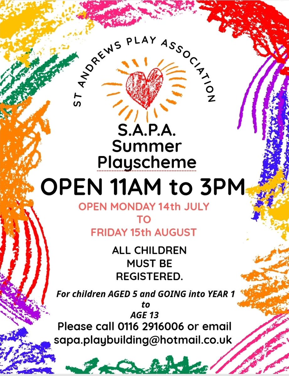 Free of charge 
NO HAF REQUIRED 
5 WEEK PLAYSCHEME 
REGISTRATION REQUIRED