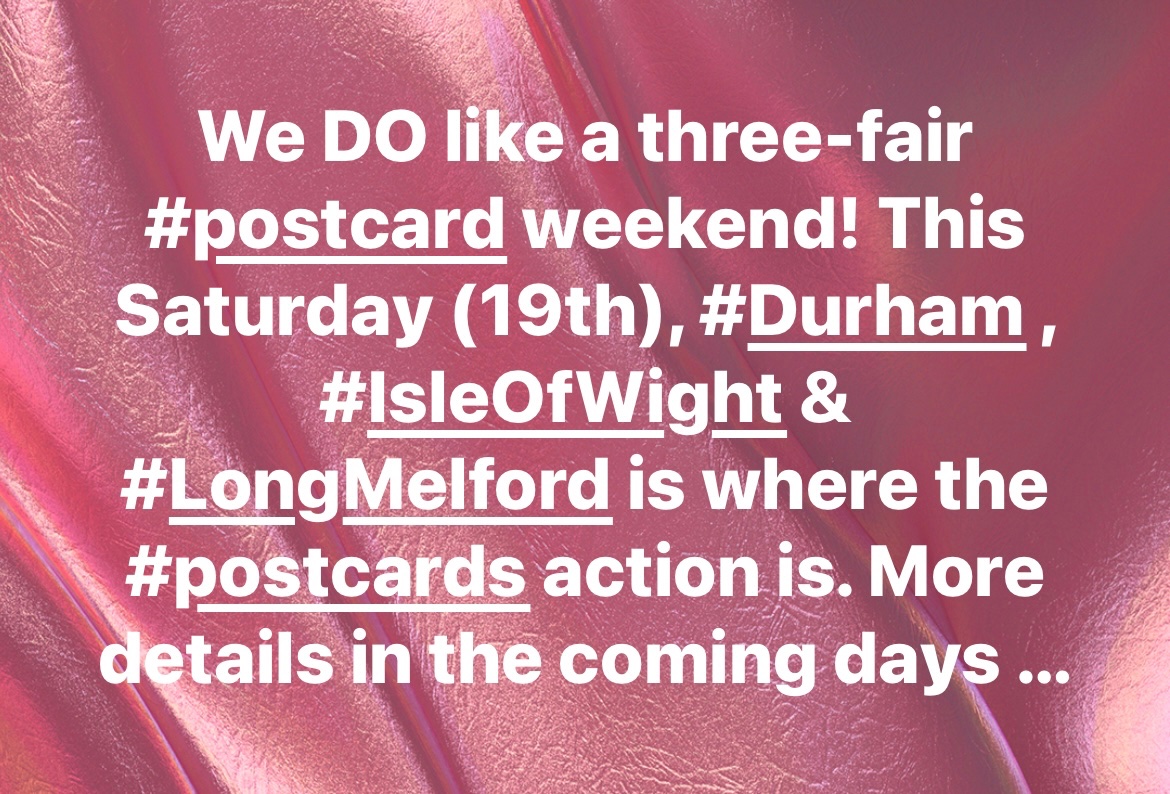 It’s all-go again this week, with Saturday postcard fairs at Durham, Isle of Wight (Vectis Postcard Club fair), and Long Melford. It’s SO much fun being a deltiologist 💥