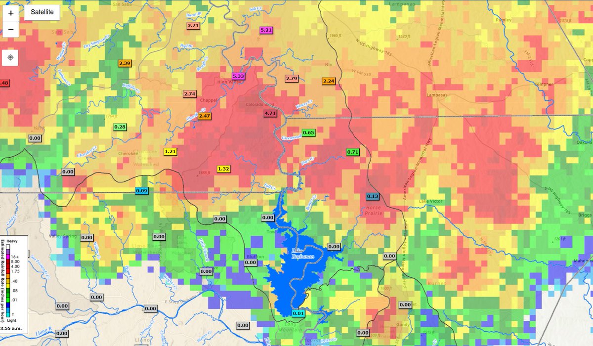Heavy rain falling across the northern parts of Burnet and Llano Counties. These are observed rainfall amounts for the last 2 hours (2 to 4 am). #txwx