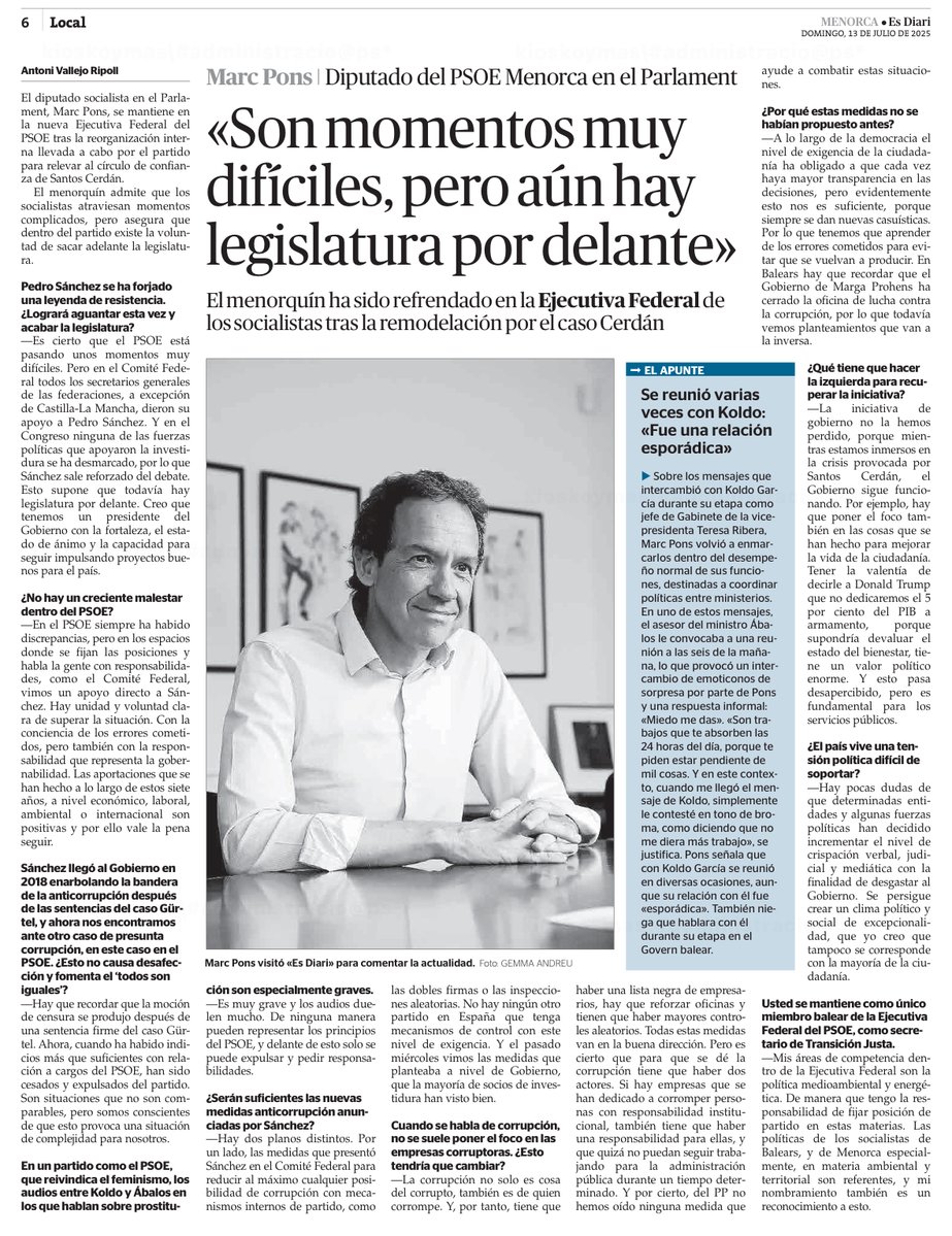 Bon dia i feliç diumenge! 

Avui compartim l'entrevista de <a href="/marcpons73/">Marc Pons</a> al <a href="/esdiarimenorca/">menorca.info</a> amb motiu de la seva continuïtat a la nova Executiva Federal del <a href="/PSOE/">PSOE</a> i en què fa una anàlisi de la situació actual que viu el partit.

Recomanam la seva lectura. 😉