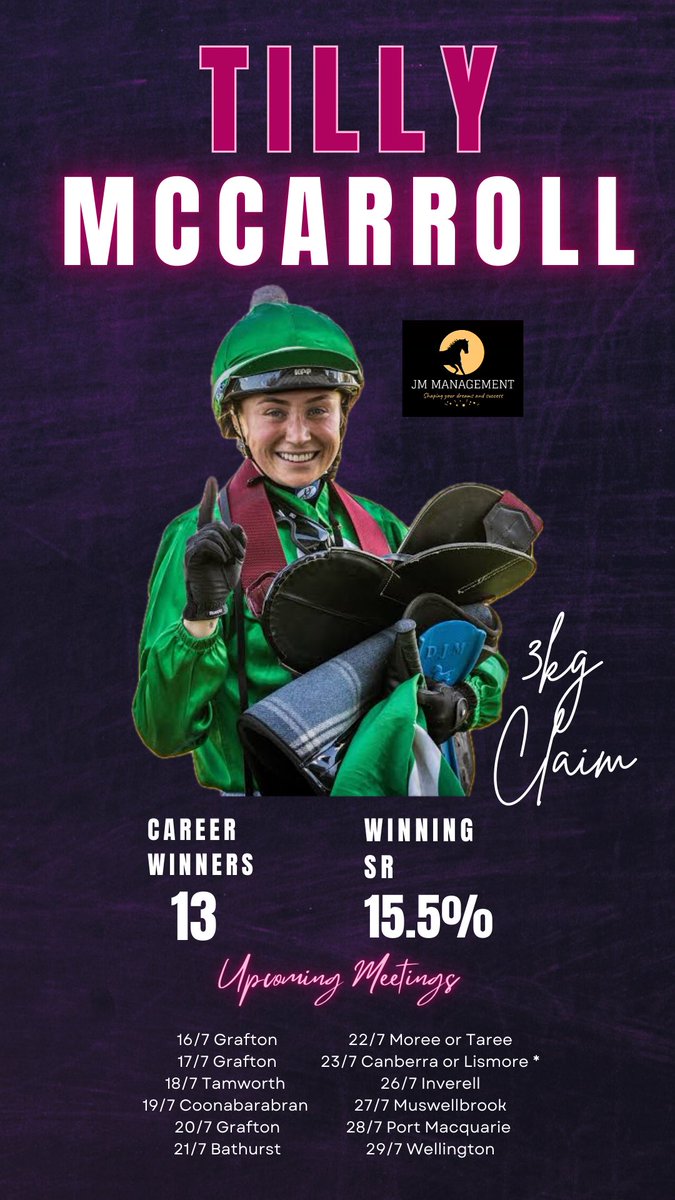 Apprentice Tilly is in great form and is happy to travel anywhere for winners. Just get in touch. She’s already had 13 career winners, with a winning percentage of 15.5%. Here is her upcoming schedule but open to anything. 📱