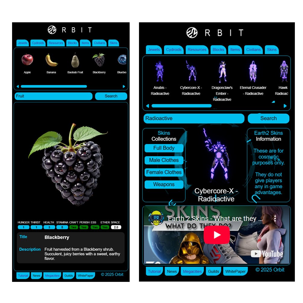 New Updates
- New Search Bar : Items, Skins &amp; Blocks
- Improved Items Page Interface

If you have any suggestions for additional new features or have experienced bugs that you would like to see fixed, please let me know.

mobile.earth2.support

#Earth2 #E2Orbit